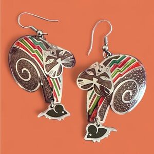 Vintage Edgar Berebi enamel Movable Head cat and mouse wire earrings